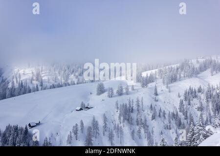 Tranquillo paesaggio invernale nelle alpi austriache con il sole che si infrangono attraverso la nebbia (Ramsau am Dachstein, Liezen) Foto Stock