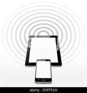Uno smartphone si sovrappone a un dispositivo Tablet PC. L'emissione da entrambi i dispositivi è un segnale Wi-Fi avanzato. Foto Stock