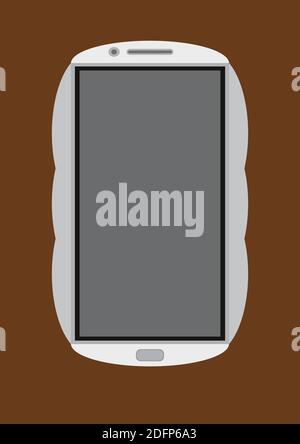 Immagine di un design vettoriale per smartphone touchscreen bianco a forma di curva con sfondo marrone Illustrazione Vettoriale