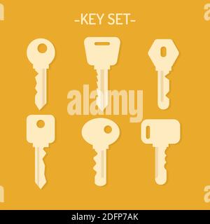 Collezione di icone chiave dalla porta. Un set di varie chiavi in metallo a forma di silhouette. Immagine piatta vettoriale Illustrazione Vettoriale
