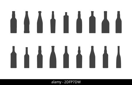 Silhouette nera di bottiglie di birra di diverse forme. Bottiglie di vetro per l'illustrazione di alcool vettore concetto Illustrazione Vettoriale
