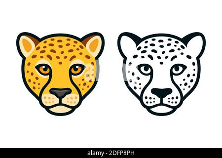 Testa di ghepardo cartoon, colore e bianco e nero. Vista frontale, mascotte o logo. Illustrazione vettoriale isolata. Illustrazione Vettoriale
