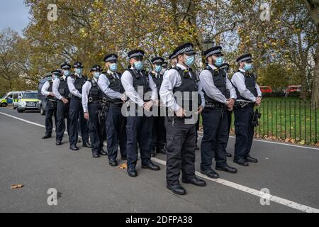 La polizia si è incontrata in stand-by mentre i sostenitori di Tommy Robinson si sono riuniti in Speakers’ Corner ad Hyde Park sotto la supervisione della polizia. Londra, Regno Unito. Foto Stock