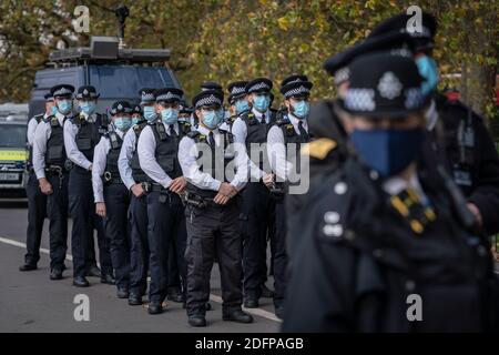 La polizia si è incontrata in stand-by mentre i sostenitori di Tommy Robinson si sono riuniti in Speakers’ Corner ad Hyde Park sotto la supervisione della polizia. Londra, Regno Unito. Foto Stock