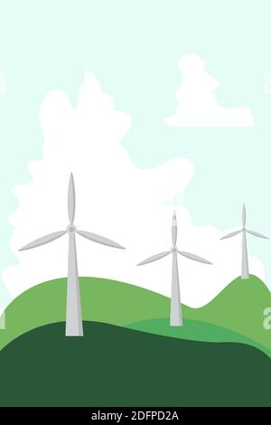 Energy Saving Wind Power Plants piatto semplice disegno colorato vettore illustrazione. Illustrazione Vettoriale