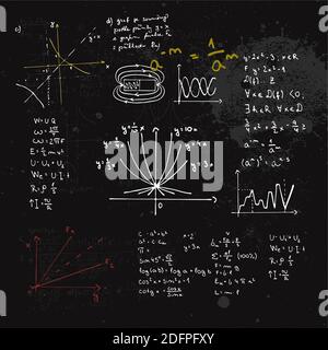 Formule matematiche e grafici manoscritti. Lavagna con calcoli. Illustrazione Vettoriale