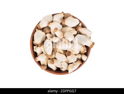 Funghi Eringi in una ciotola isolata su sfondo bianco, vista dall'alto Foto Stock