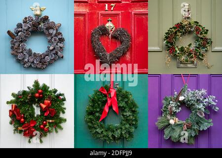 Edimburgo, Scozia, Regno Unito. 6 dicembre 2020. Una grande varieta' di tradizionali corone di Natale che adornano le porte anteriori di case cittadine Georgiane nella Citta' Nuova di Edinburgo. Iain Masterton/Alamy Live News Foto Stock