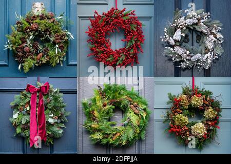 Edimburgo, Scozia, Regno Unito. 6 dicembre 2020. Una grande varieta' di tradizionali corone di Natale che adornano le porte anteriori di case cittadine Georgiane nella Citta' Nuova di Edinburgo. Iain Masterton/Alamy Live News Foto Stock