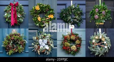 Edimburgo, Scozia, Regno Unito. 6 dicembre 2020. Una grande varieta' di tradizionali corone di Natale che adornano le porte anteriori di case cittadine Georgiane nella Citta' Nuova di Edinburgo. Iain Masterton/Alamy Live News Foto Stock