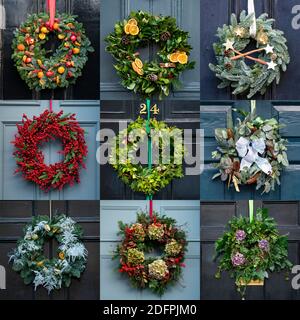 Edimburgo, Scozia, Regno Unito. 6 dicembre 2020. Una grande varieta' di tradizionali corone di Natale che adornano le porte anteriori di case cittadine Georgiane nella Citta' Nuova di Edinburgo. Iain Masterton/Alamy Live News Foto Stock