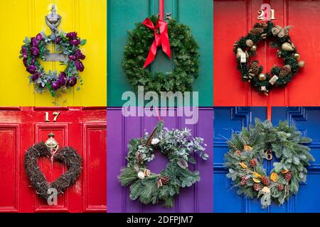 Edimburgo, Scozia, Regno Unito. 6 dicembre 2020. Una grande varieta' di tradizionali corone di Natale che adornano le porte anteriori di case cittadine Georgiane nella Citta' Nuova di Edinburgo. Iain Masterton/Alamy Live News Foto Stock