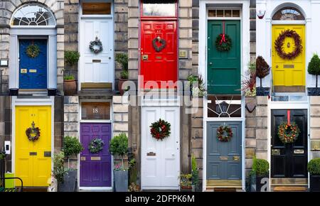 Edimburgo, Scozia, Regno Unito. 6 dicembre 2020. Una grande varieta' di tradizionali corone di Natale che adornano le porte anteriori di case cittadine Georgiane nella Citta' Nuova di Edinburgo. Iain Masterton/Alamy Live News Foto Stock