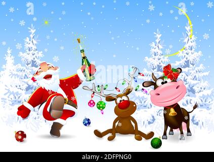 Santa, cervi e mucche nella foresta invernale. Notte innevata invernale la vigilia di Natale. Illustrazione Vettoriale