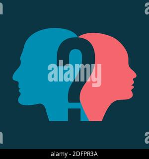 Silhouette di testa di uomo e donna con punto interrogativo, simboleggiando i processi psicologici di comprensione. Immagine piatta vettoriale. Illustrazione Vettoriale