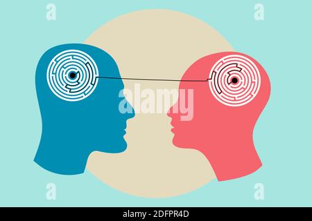 Silhouette della testa dell'uomo e della donna con il labirinto all'interno, simboleggiando i processi psicologici di comprensione. Immagine piatta vettoriale. Illustrazione Vettoriale