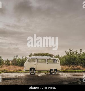 Camper d'epoca con albero di Natale appena tagliato sul tetto. Foto Stock