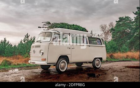 Camper d'epoca con albero di Natale appena tagliato sul tetto. Foto Stock