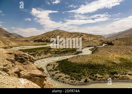 Incrocio sul fiume vicino a Silk Road nel distretto di Murghob, Tagikistan Foto Stock