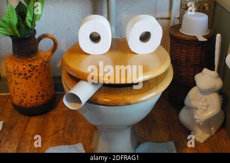Viso umoristico creato da una seduta di legno e rotoli di carta da bagno in bagno Foto Stock