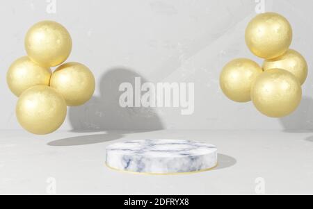 Podio in marmo per posizionare oggetti su fondo cementizio. Illustrazione 3d Foto Stock