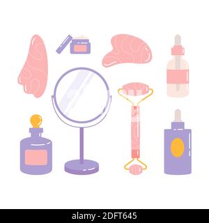Prodotti per la cura della pelle per il set SPA.Massage gua sha Illustrazione Vettoriale