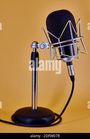 Microfono da studio a condensatore per la comunicazione radiotelevisiva, su supporto da tavolo Foto Stock