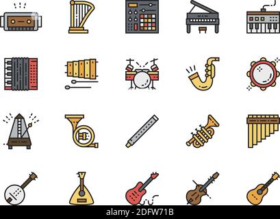 Set di icone della linea a colori degli strumenti musicali. Pianoforte, fisarmonica, chitarra e molto altro Illustrazione Vettoriale