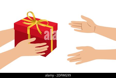 Le mani danno scatola rossa, accetta regalo, stile cartone animato. Giftbox mockup con set di archi. Contenitore con decorazione a nastro in oro. Cartone disegno compleanno Celebrazione, festa di Natale. Illustrazione vettoriale Illustrazione Vettoriale