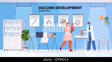 medico di famiglia in maschera vaccinare il paziente bambino a combattere contro coronavirus vaccino sviluppo immunizzazione medica campagna di concetto clinica interno completo lunghezza illustrazione vettoriale orizzontale Illustrazione Vettoriale