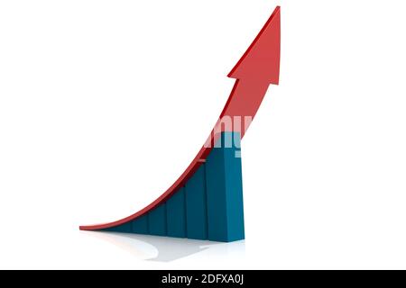Grafico a barre con freccia crescente verso l'alto, rendering 3d Foto Stock
