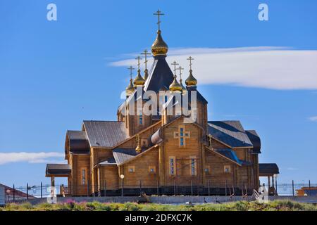 Chiesa Ortodossa, la più grande struttura di legno in estremo oriente russo, Anadyr, Chukotka Okrug autonomo, Russia Foto Stock