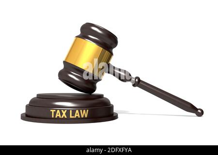 Gavel giudice di legno con parola di legge fiscale, rendering 3d Foto Stock