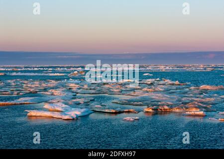 Vista al tramonto del ghiaccio galleggiante sul mare di Bering, Russia Estremo Oriente Foto Stock