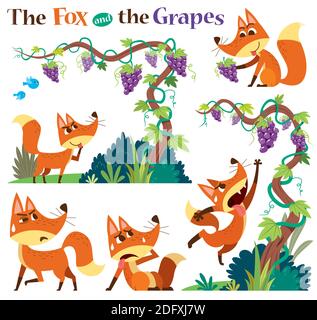 Illustrazione vettoriale dei personaggi di Cartoon la volpe e gli elementi grafici. Favola per bambini. Illustrazione Vettoriale