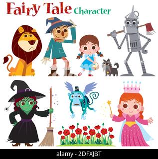 Illustrazione vettoriale di Cartoon Set Fairy Tales personaggi. Scarpe  rosse ragazza, leone, cannuccia e robot Immagine e Vettoriale - Alamy