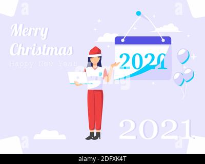 Vettore biglietto di auguri per l'anno nuovo. La donna mostra un calendario in evoluzione. Utilizzato per note di ringraziamento, poster, web, social media. Illustrazione Vettoriale