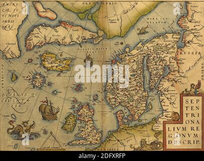 Antica mappa del Mare del Nord - Inghilterra, Scandinavia e Islanda di Abraham Ortelius, circa 1570 Foto Stock