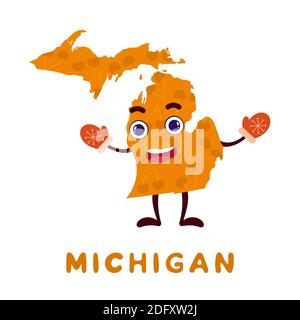 Carino cartoon Michigan stato personaggio clipart. Mappa illustrata dello stato del Michigan degli Stati Uniti con il nome dello stato. Divertente disegno di carattere per i giochi per bambini, Illustrazione Vettoriale