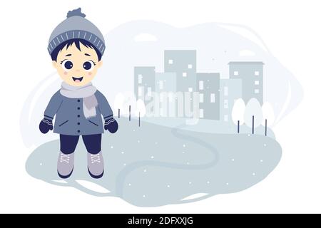 bambini inverno. Un ragazzo carino in una passeggiata invernale in città si erge su uno sfondo blu con case, alberi e fiocchi di neve. Illustrazione vettoriale. Collezione fo Illustrazione Vettoriale