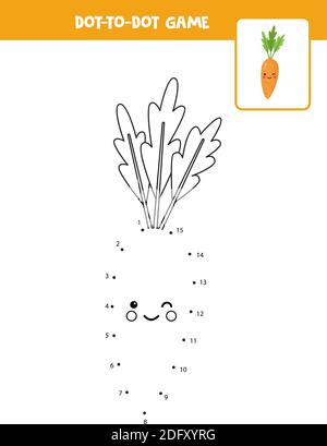 DOT to DOT con carota kawaii carino. Collegare i punti. Gioco di matematica. Immagine a punti e a colori. Illustrazione Vettoriale