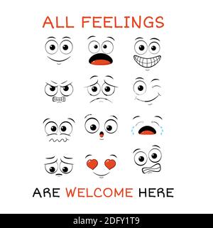 Tutti i sentimenti sono benvenuti qui. Banner vettoriale con affermazione per i bambini sala giochi. Carino carta d'ispirazione con emoji e lettere. Citazione motivazionale Illustrazione Vettoriale