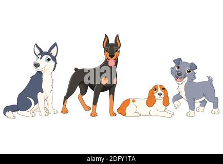 Diverse razze di cani - terrier, doberman pinscher, spaniel, Husky. Carino set di animali da compagnia cartoon. Raccolta vettoriale di cani purebred. EPS8 Illustrazione Vettoriale