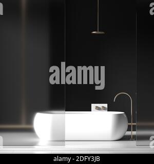 Bagno in bianco e nero di stile moderno. Bagno dal design minimalista in stile scandinavo. Illustrazione 3D. Foto Stock