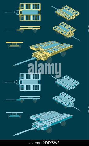 Illustrazioni vettoriali stilizzate del mini set Dolly contenitore trasporto aeroporto Illustrazione Vettoriale