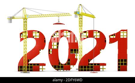 Due gru a torre che costruiscono una cifra volumetrica di 2021. rendering 3d. Foto Stock