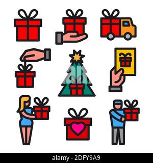 illustrazione del regalo e presenta le icone colorate insieme Illustrazione Vettoriale