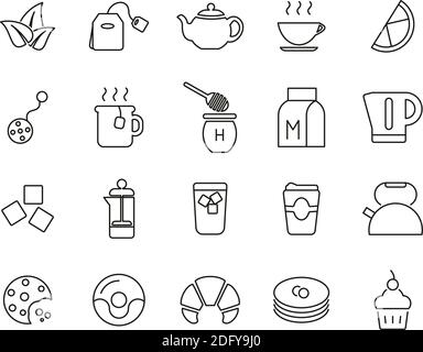 Icone per tè o bevande calde linea sottile in bianco e nero Imposta grande Illustrazione Vettoriale