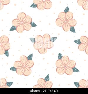 Carino motivo floreale senza cuciture tropicale con plumeria e puntini astratti isolati su sfondo bianco. Illustrazione vettoriale di modello scandinavo disegnata a mano Illustrazione Vettoriale