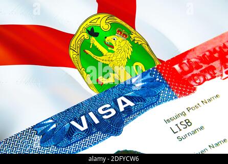 Visto immigrazione Alderney. Closeup Visa to Alderney focalizzato su Word VISA, rendering 3D. Viaggio o migrazione verso Alderney con gli Stati Uniti Foto Stock